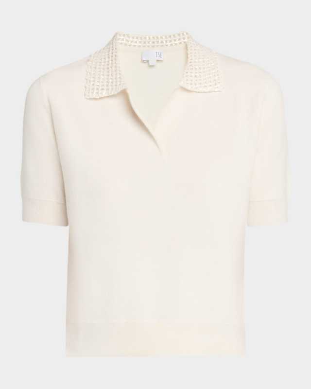 Sequin-Collar Polo Top